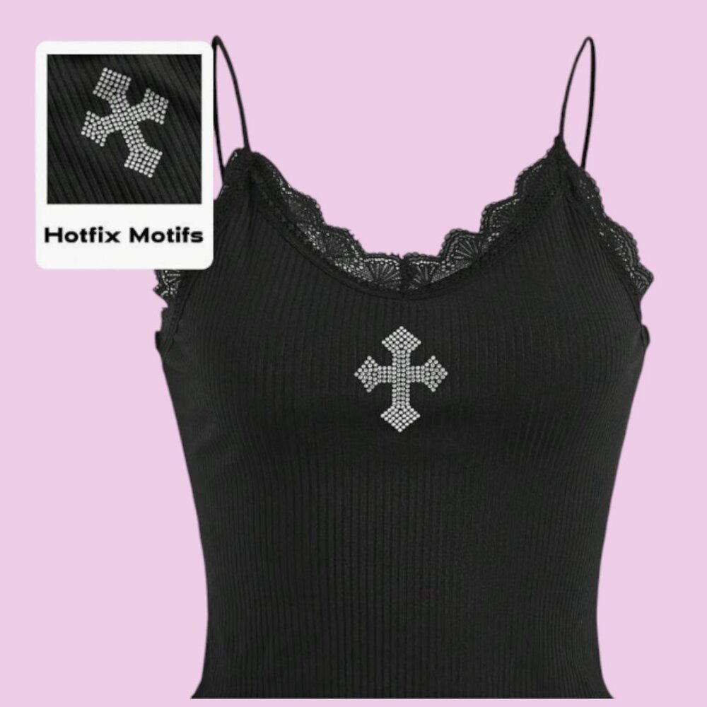 Grunge Punk Contrast Lace Lettuce Trim Cami Top - Size S